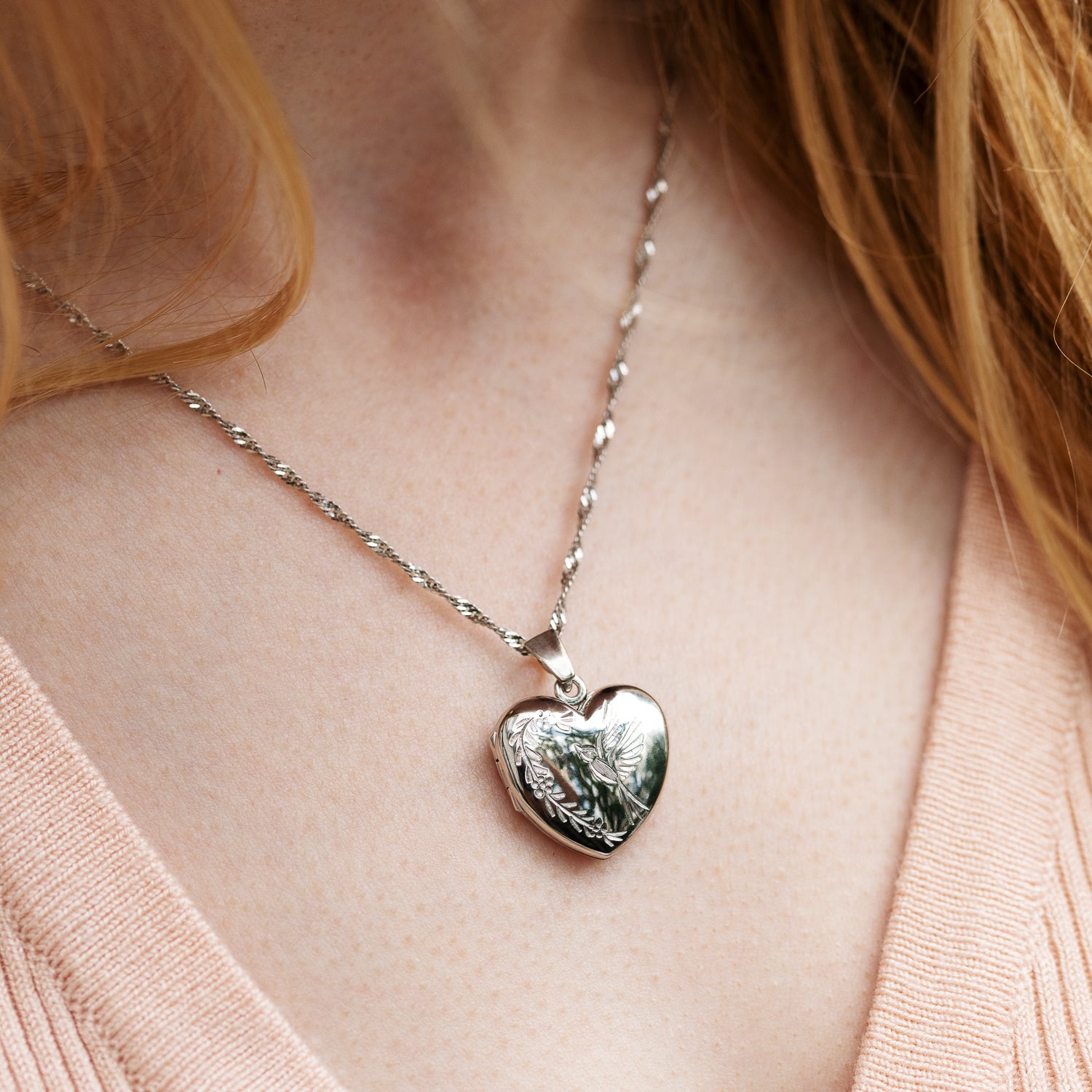 Product title: Hand Engraved White Gold Bird Locket, product type: Locket