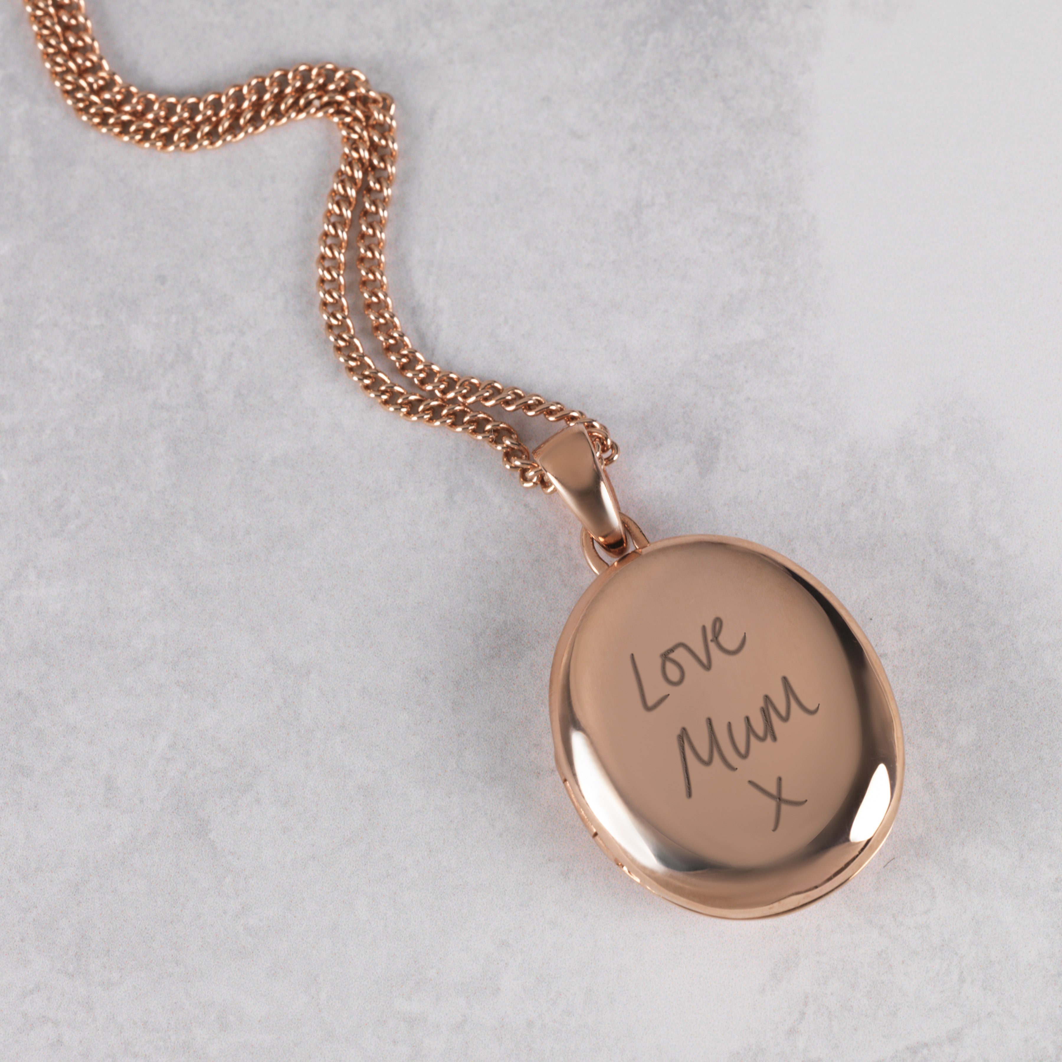 handwriting on 9ct rose gold locket necklace