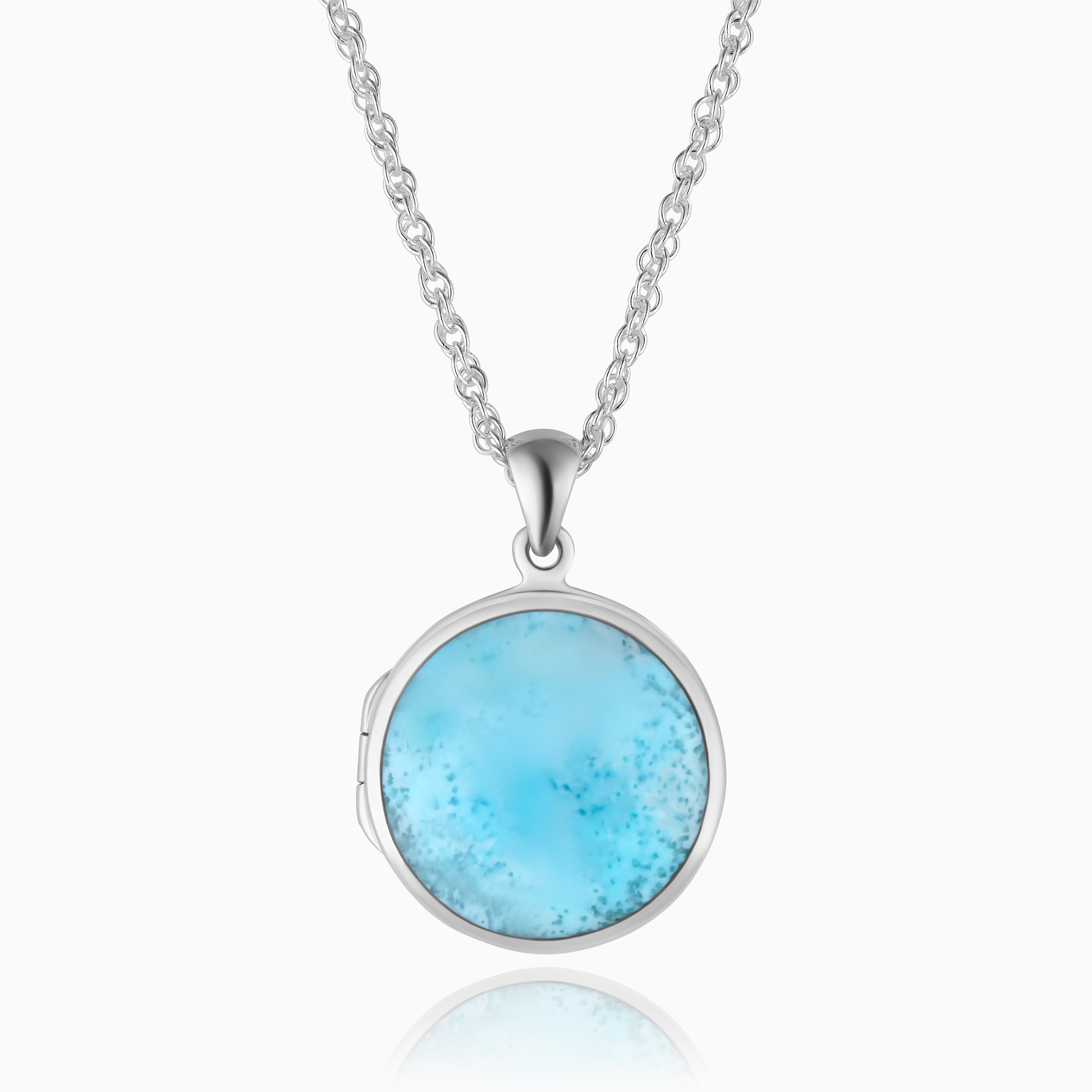 Round sterling silver locket with a blue larimar stone in the middle with a sterling silver rope chain.
