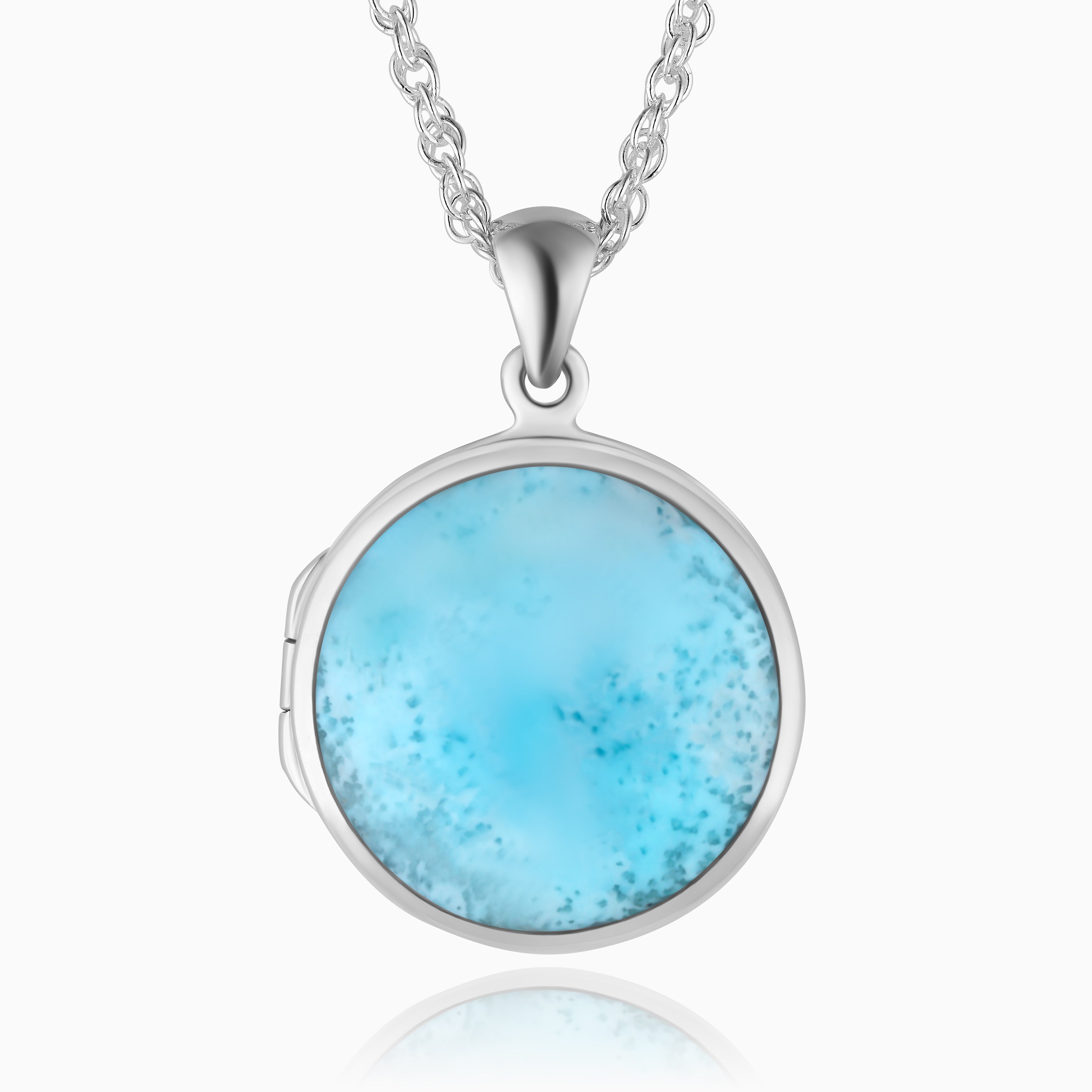 Round sterling silver locket with a blue larimar stone in the middle with a sterling silver rope chain.
