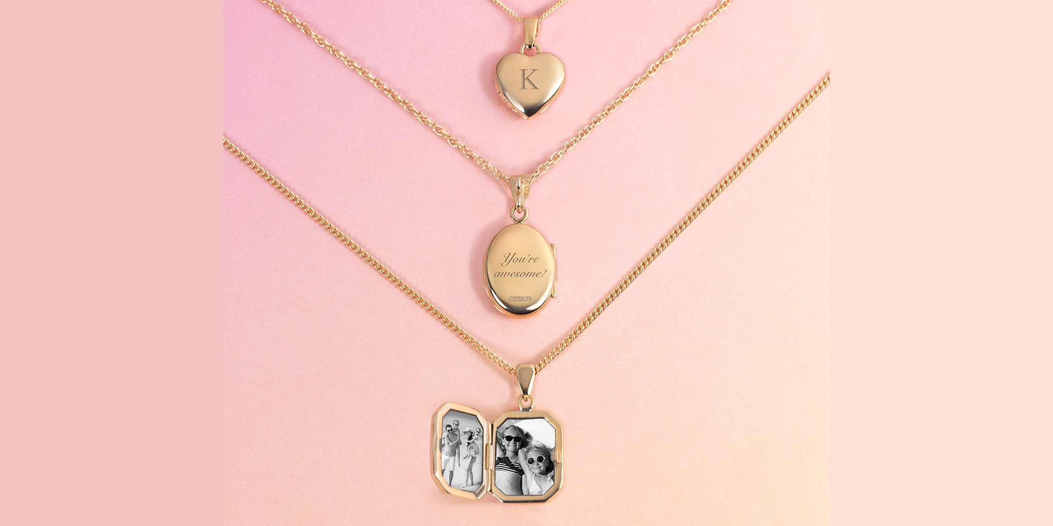 selection of 9ct gold locket necklaces with chains