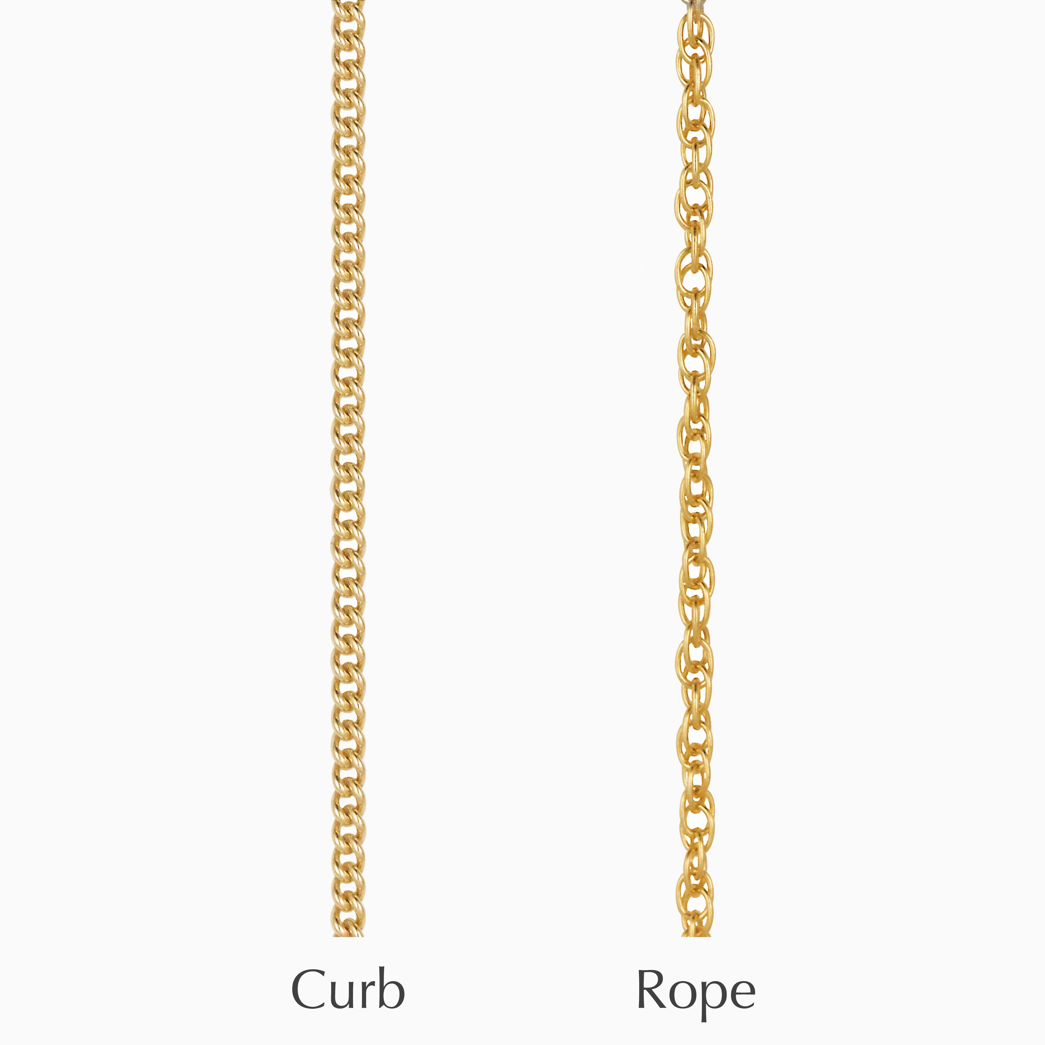 Two 9 ct gold chains hanging vertically, a curb chain and a rope chain.