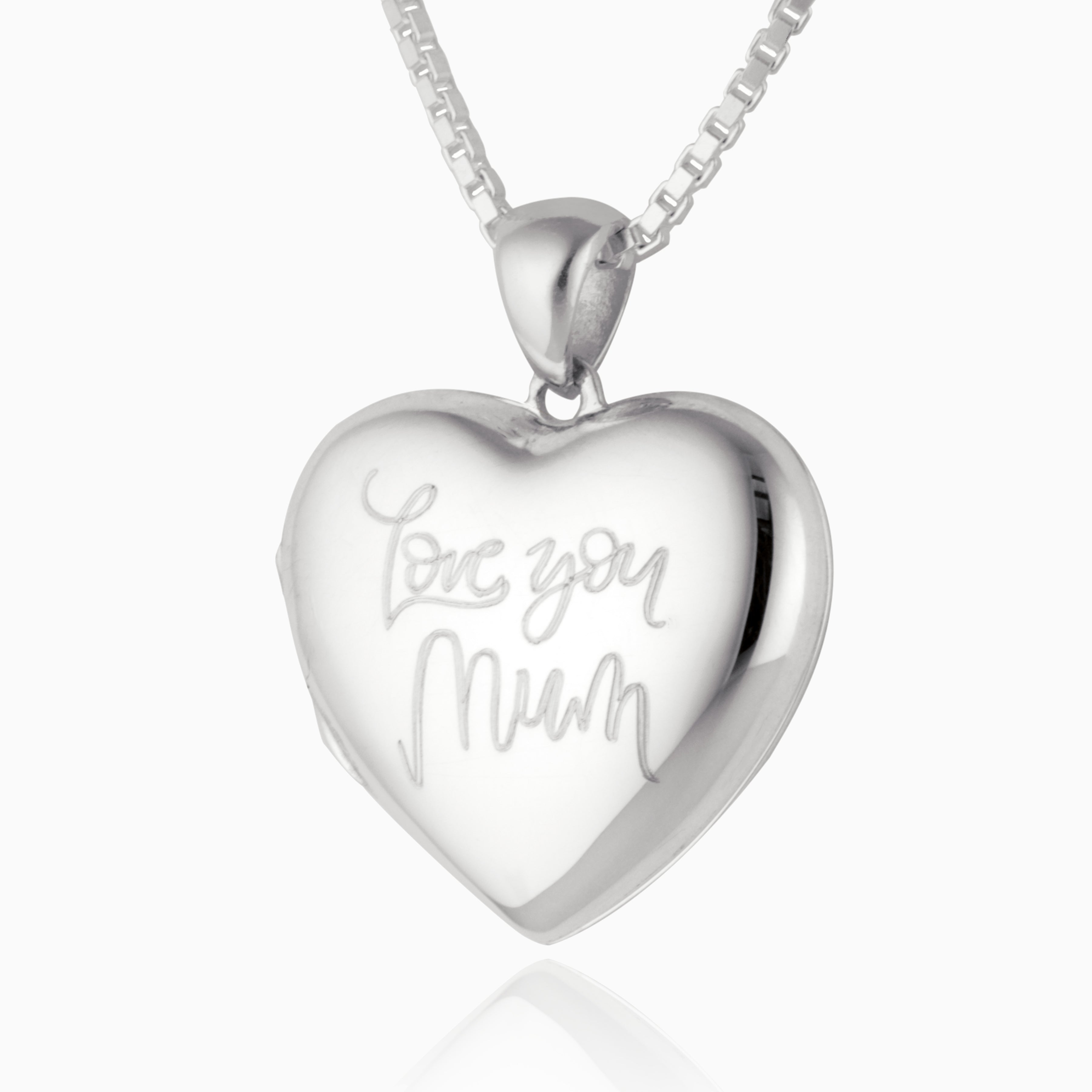 sterling silver heart locket engraved with the words Love you Mum in a contemporary font, on a sterling silver box chain