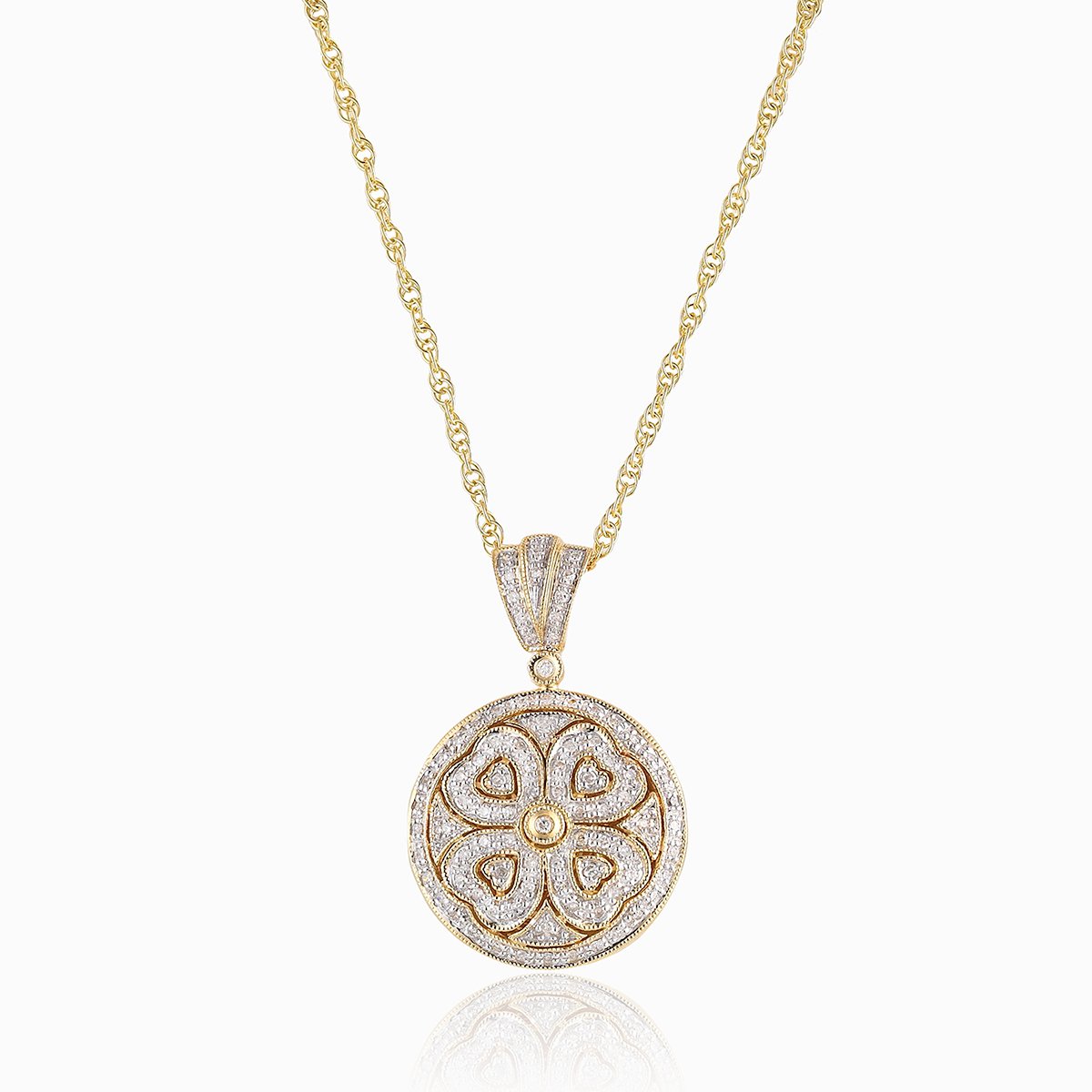9 ct gold round locket set with 56 diamonds on a 9 ct gold rope chain