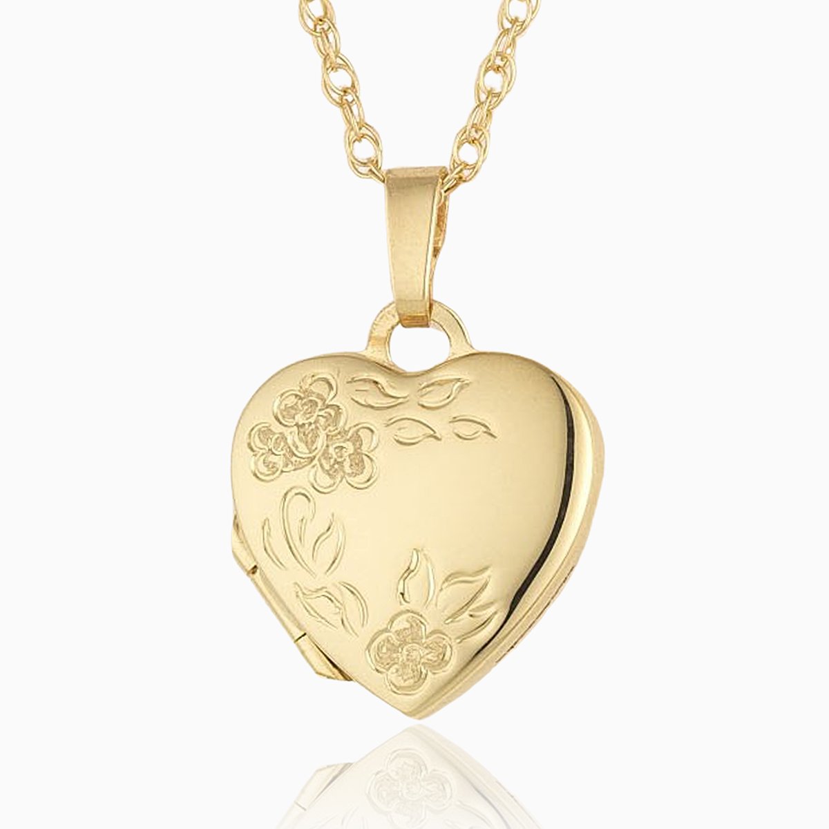 9 ct gold heart locket embossed with a floral design on a 9 ct gold rope chain