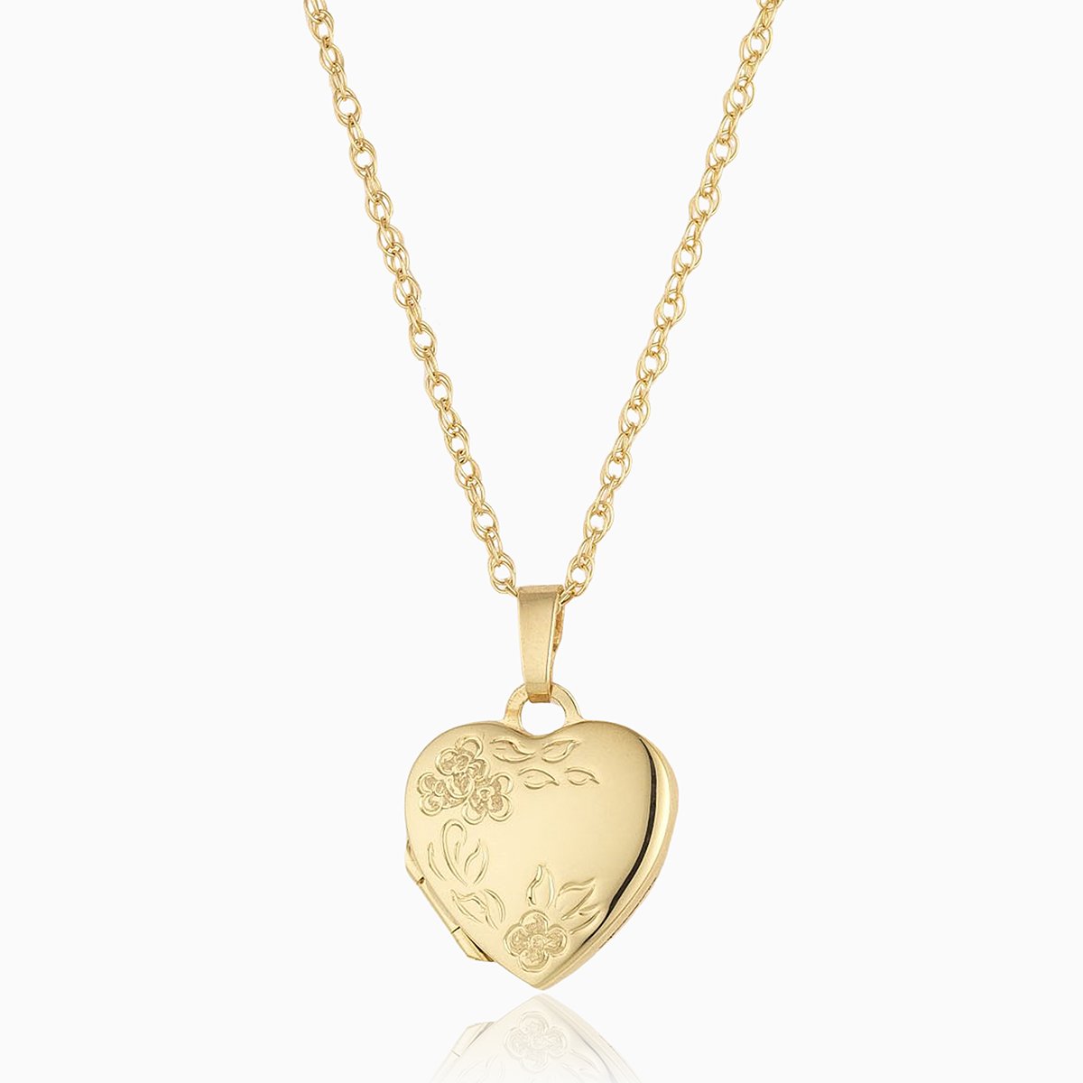 9 ct gold heart locket embossed with a floral design on a 9 ct gold rope chain
