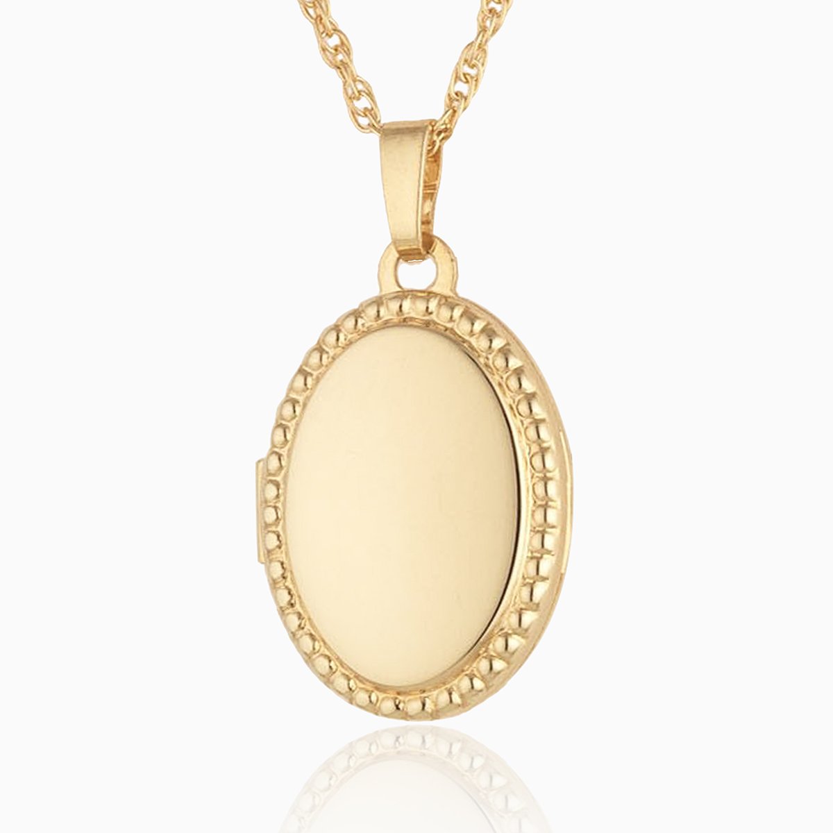 9 ct gold oval locket wiht a beaded border on a 9 ct gold rope chain