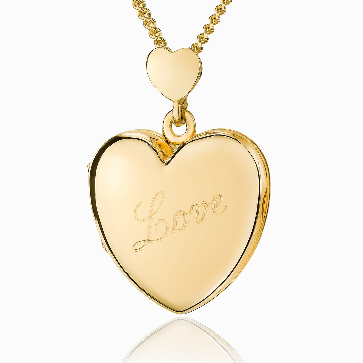 9 ct gold heart locket with a heart shaped bail and the word Love engraved diagonally across the front in a calligraphy scriot, on a 9 ct gold curb chain