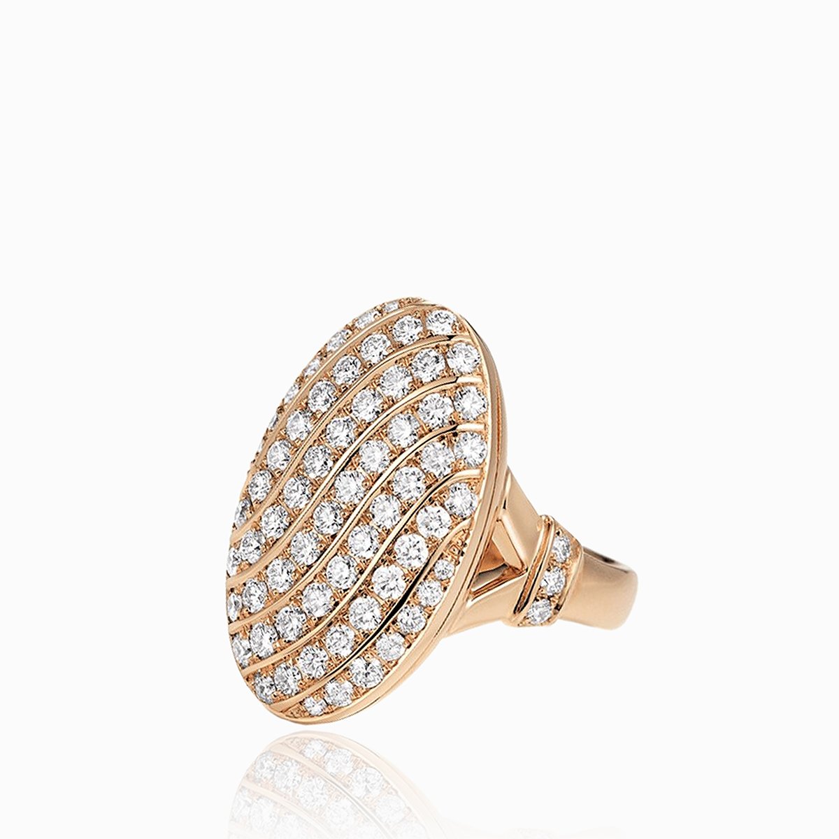 18 ct rose gold oval locket ring pave set with diamonds in a swirling design. The shank is also set with diamonds.