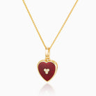 18 ct gold heart locket set with red guilloche enamel and 3 central diamonds on an 18 gold spiga chain