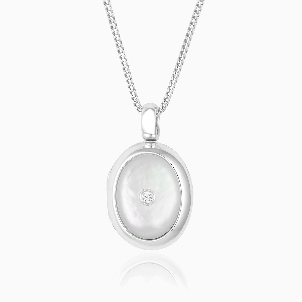 18 ct white gold oval locket set with mother of pearl and a diamond in the centre, on an 18 ct white gold franco chain