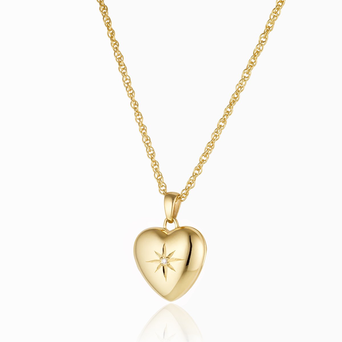a 9 ct gold heart locket set with a diamond on a 9 ct gold rope chain.