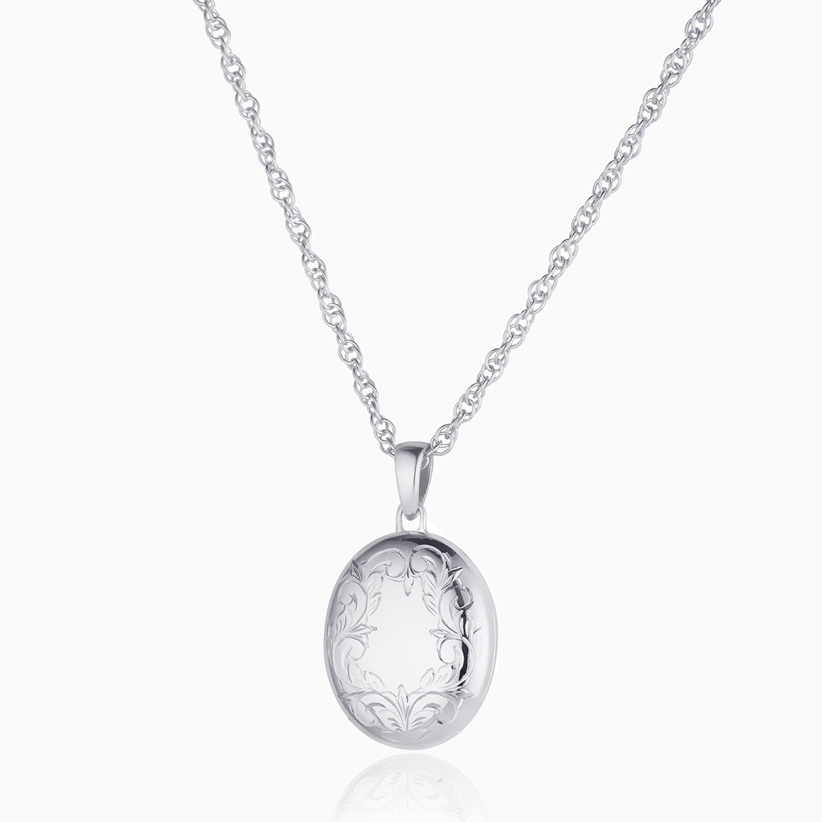 9 ct white gold oval locket engraved around the border with a foliate design, on a 9 ct white gold rope chain