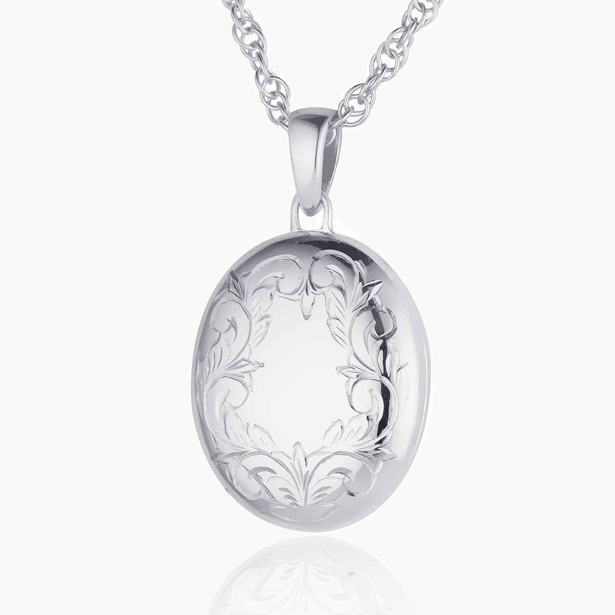 9 ct white gold oval locket engraved around the border with a foliate design, on a 9 ct white gold rope chain