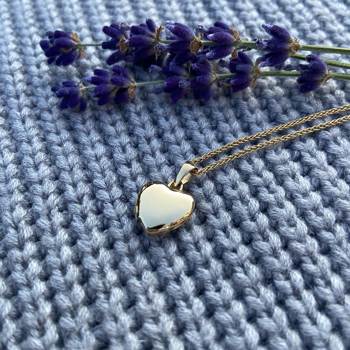 View of petitie 9 ct gold heart locket and 9 ct gold rope chain on a blue background with flowers