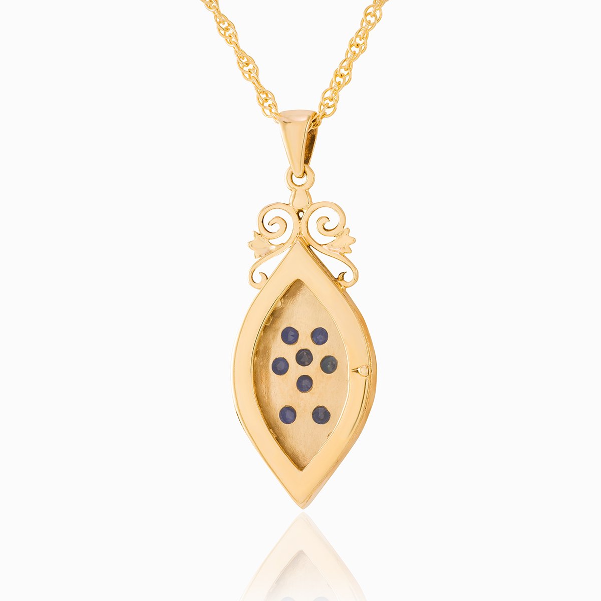 Glass backed view of an elongated 9 ct gold locket set with sapphires on a 9 ct gold rope chain