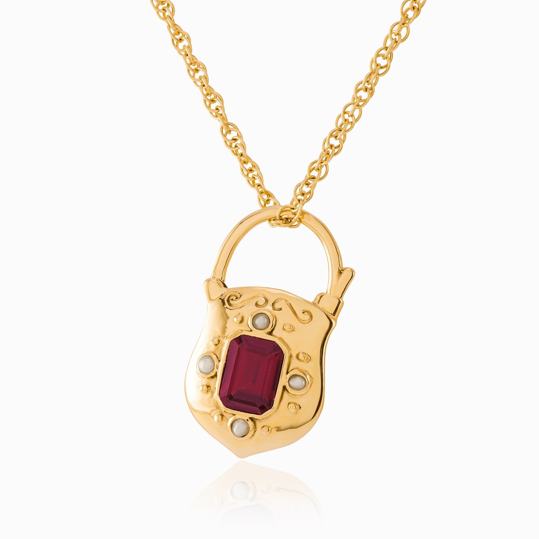 9 ct gold padlock locket set with seed pearls and a red garnet on a 9 ct gold rope chain