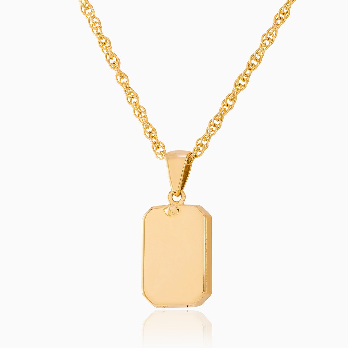 Back view of a 9 ct gold tabular shaped locket on a 9 ct gold rope chain