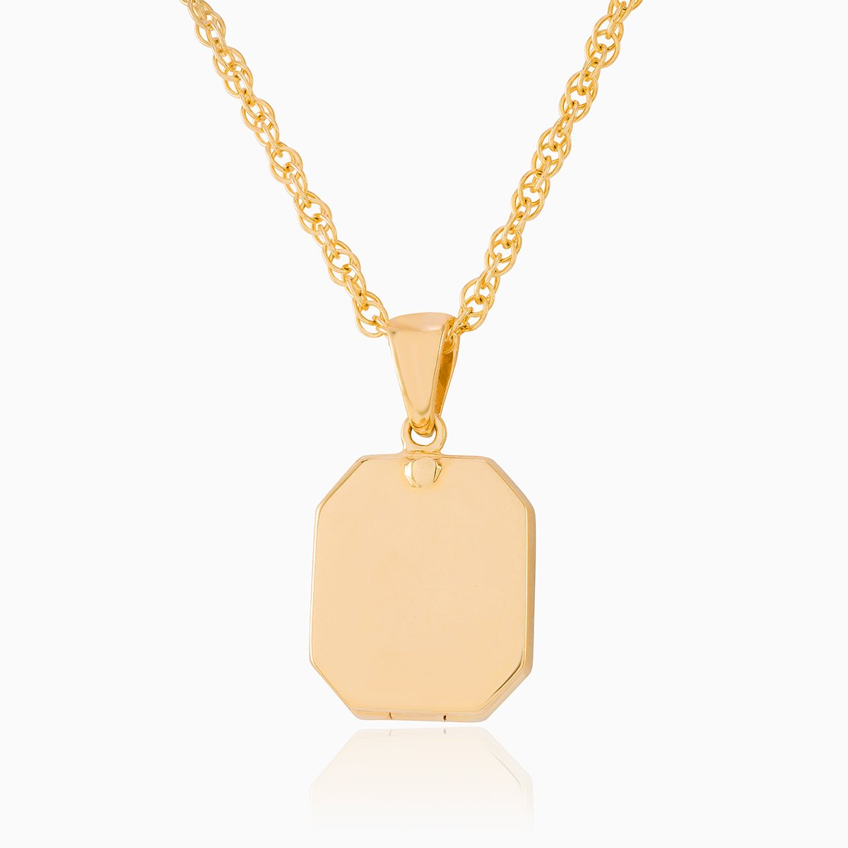 Back view of a 9 ct gold tabular shaped locket on a 9 ct gold rope chain