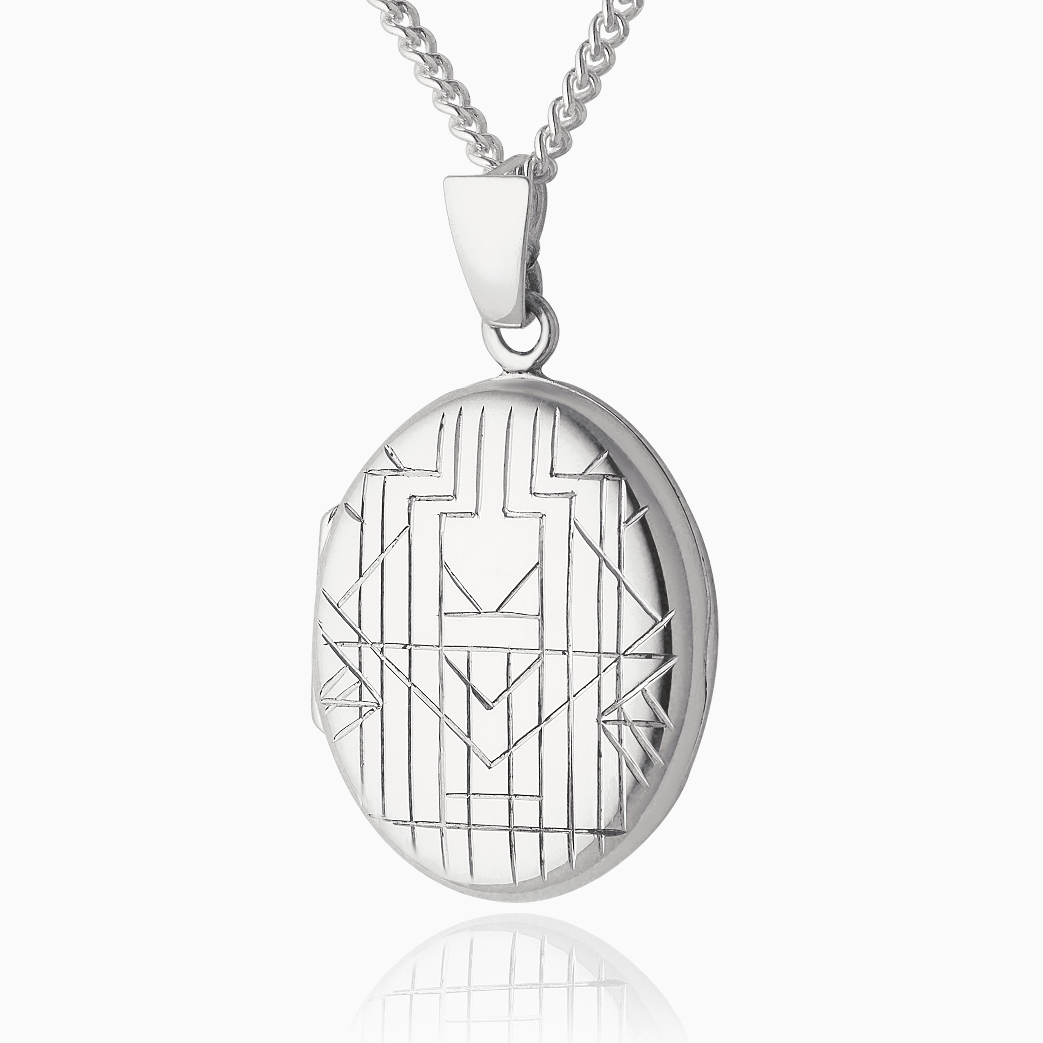 This is a front shot of a 925 sterling silver oval locket, hand engraved with an art deco chevron design on the front.