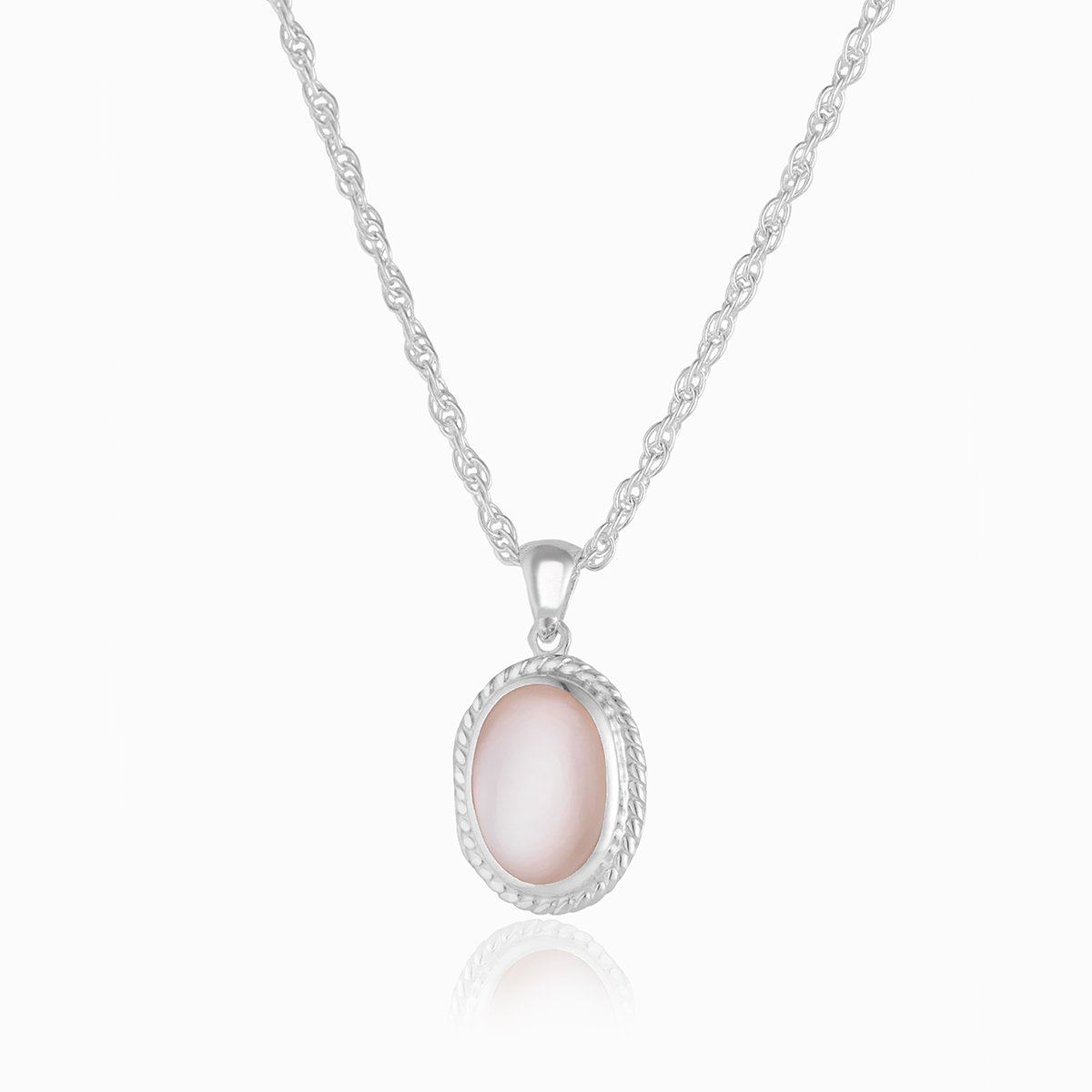 Sterling silver oval lockert set with pink mother of pearl and a rope twist border on a sterling silver rope chain.