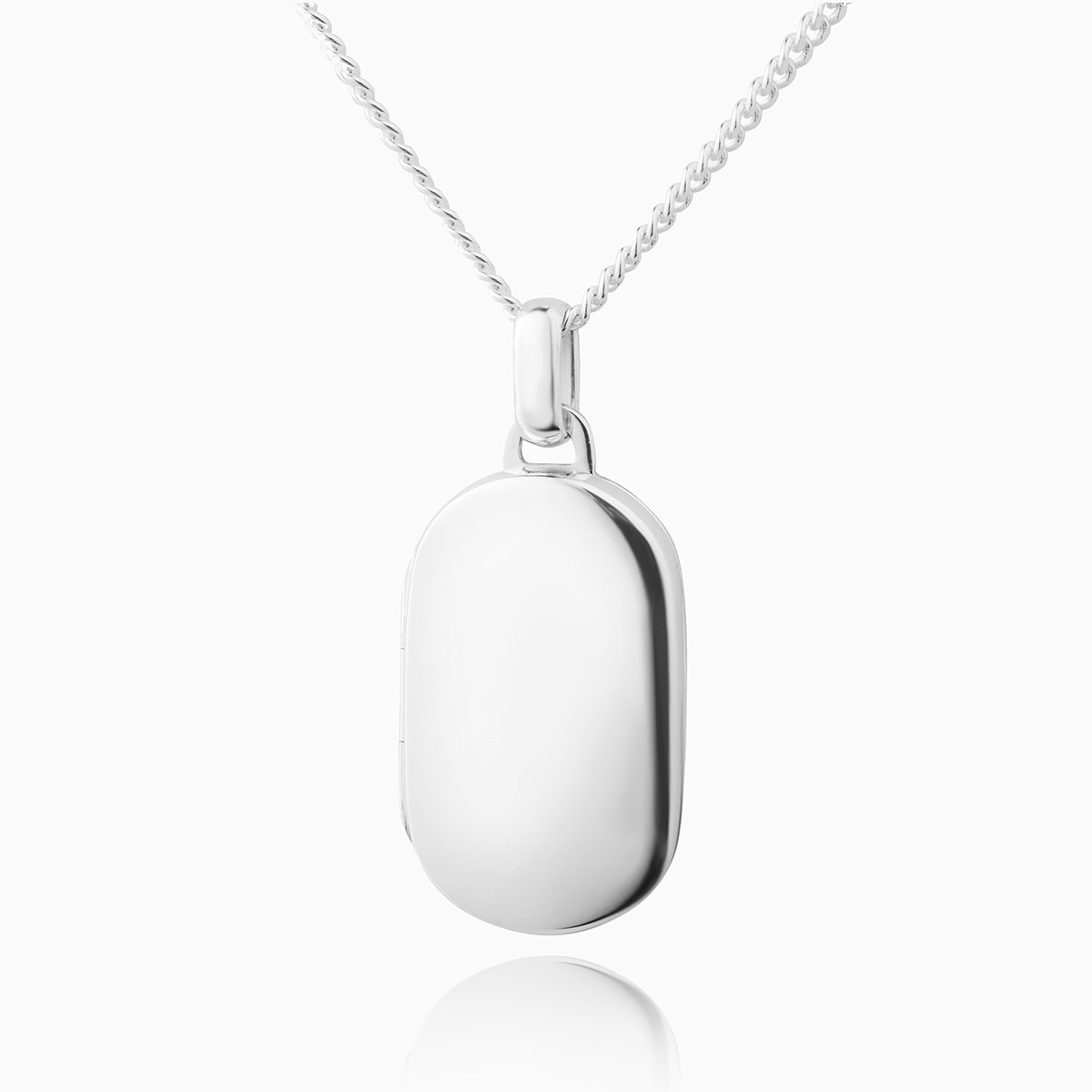 A sterling silver dog tag shaped locket on a sterling silver curb chain