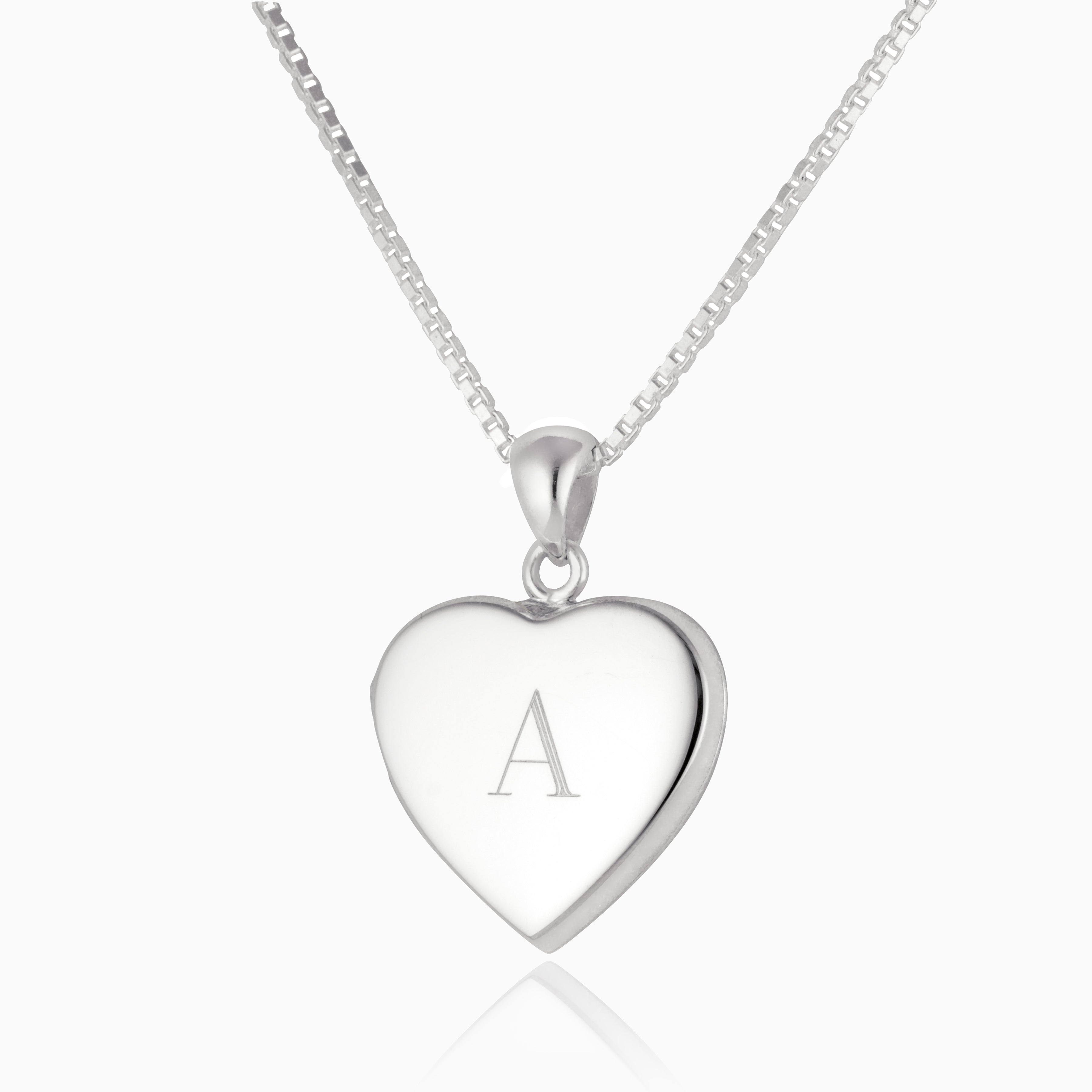 sterling silver heart locket with the initial A engraved on the front in a Roman font, on a sterling silver box chain