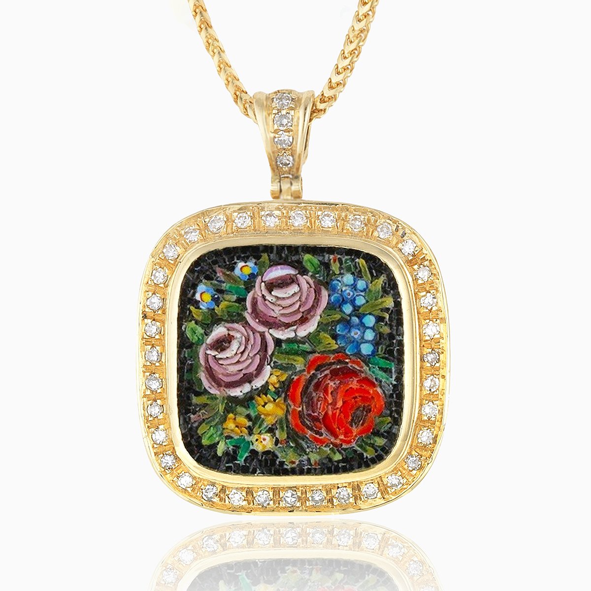 18 ct gold square locket set with a micromosaic flower design and diamonds around the edge, on an 18 ct gold franco chain. The bail also set with diamonds