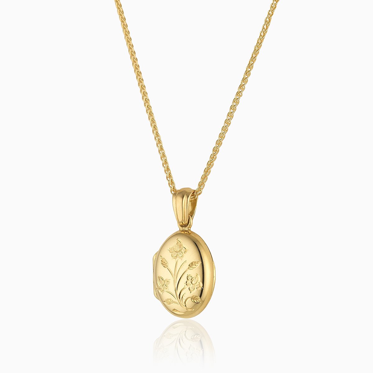 18 ct gold oval locket engraved with a floral design on an 18 ct gold spiga chain