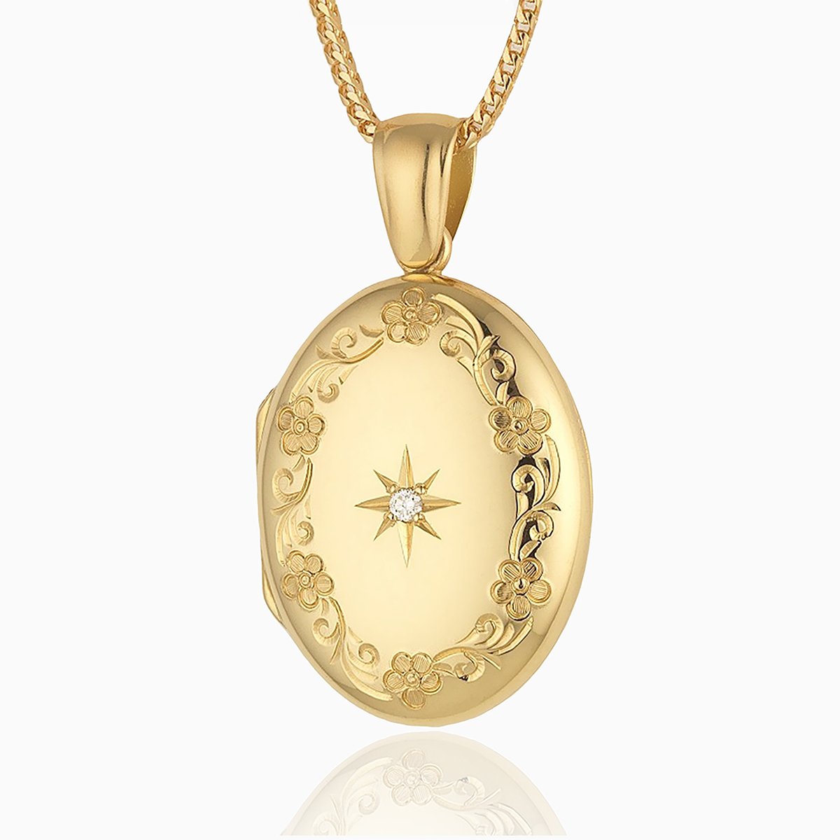 18 ct gold oval locket engraved with a floral border and star set with a central diamond, on an 18 ct gold franco chain.