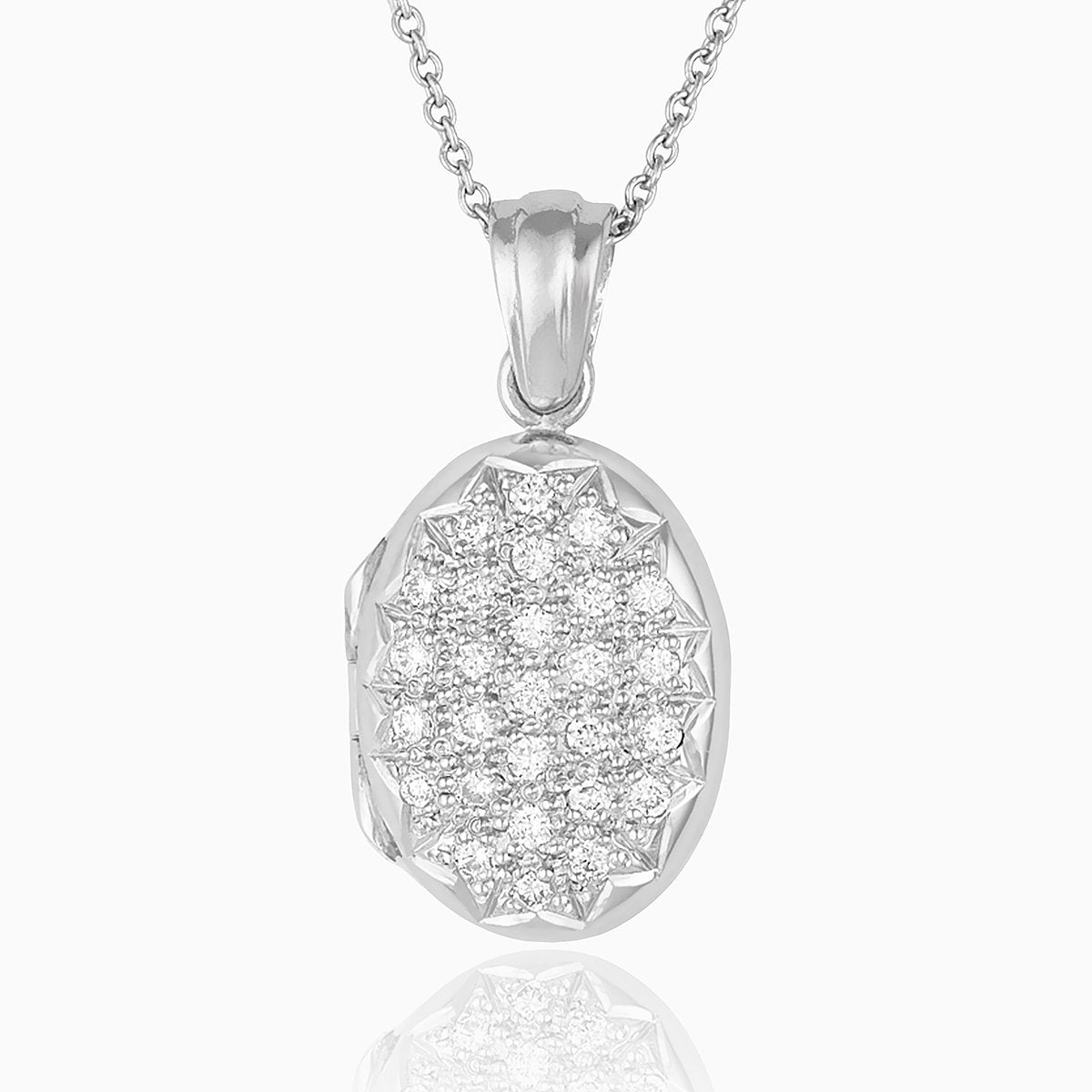 Platinum petite oval locket pave set with diamonds on a platinum trace chain