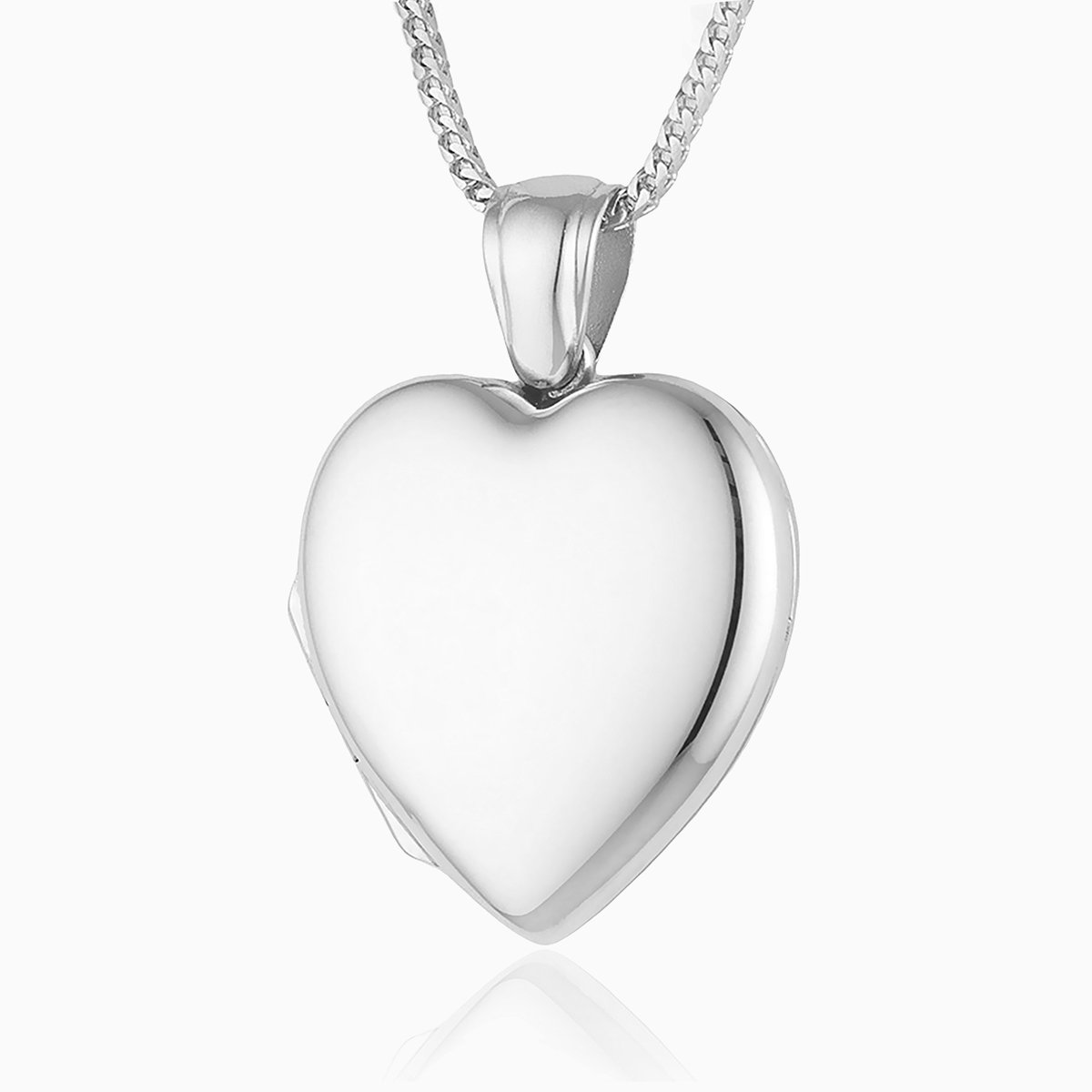 Platinum heart shaped locket on a platinum chain.
