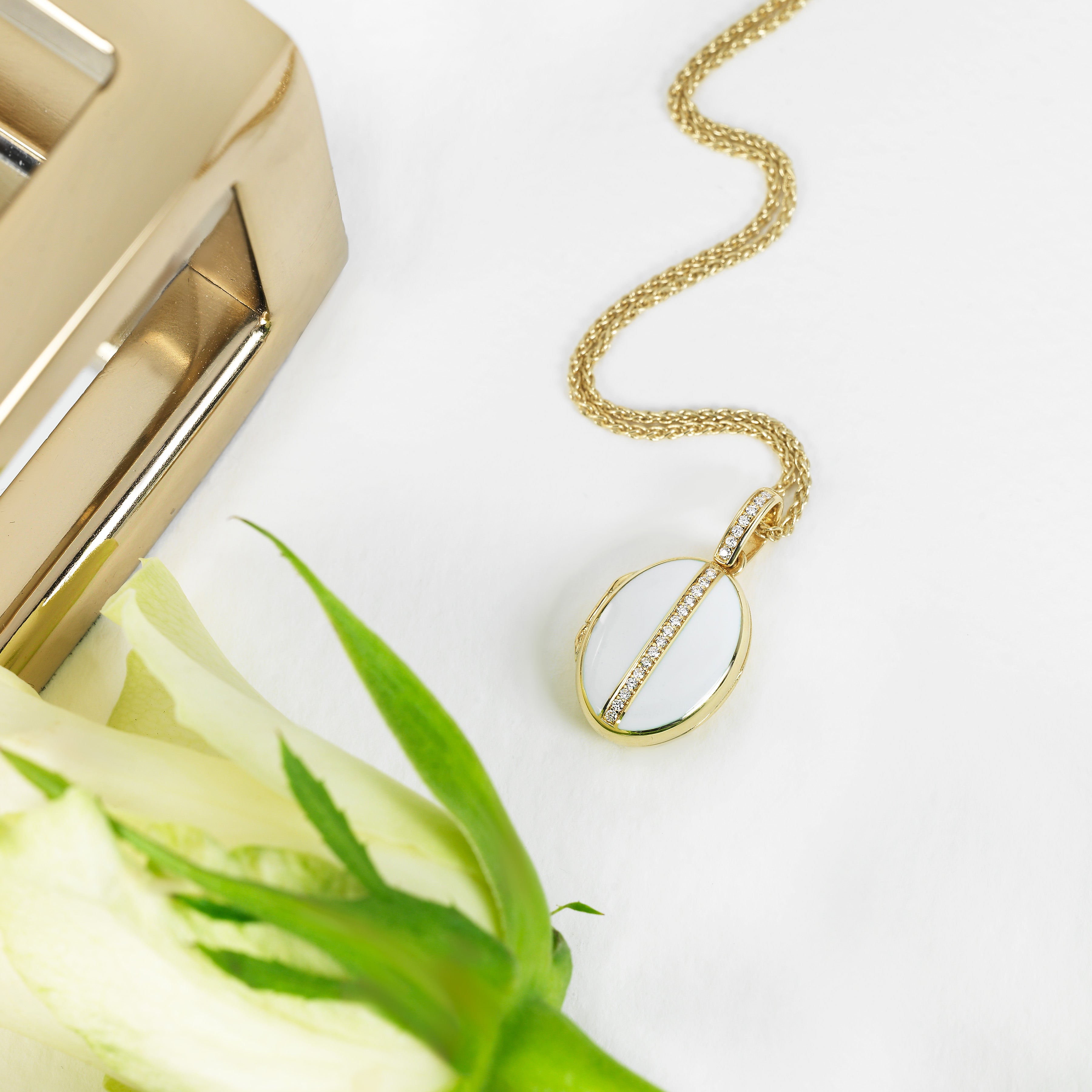 Product title: 18 ct Petite White Enamel and Diamond Locket, product type: