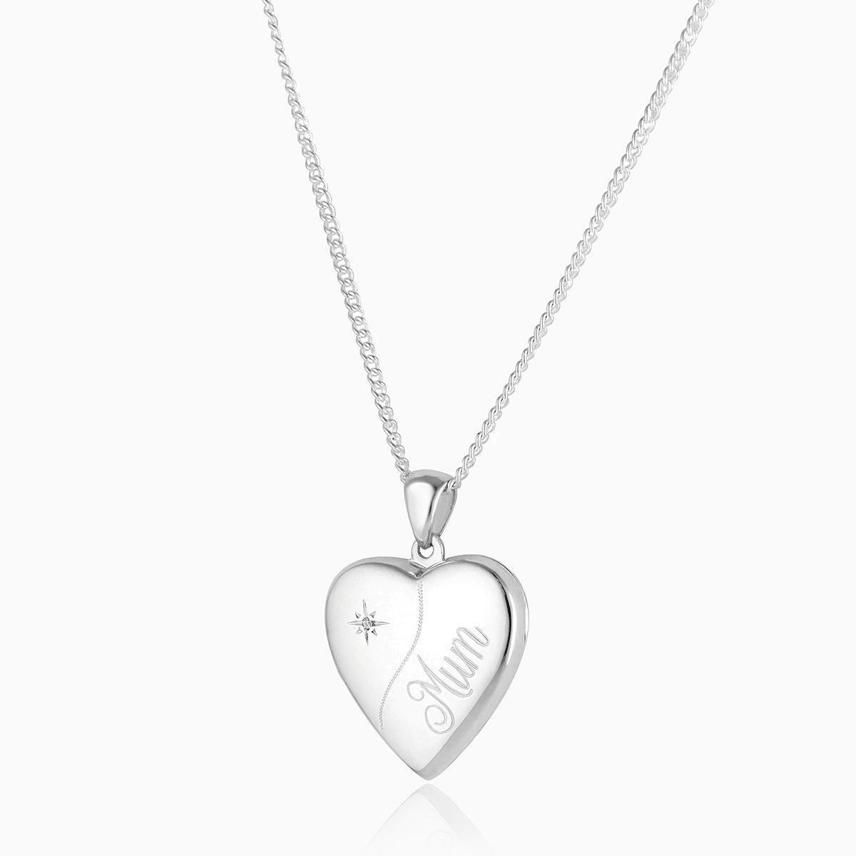 Front shot of a 925 sterling silver Diamond Mum Locket set on a sterling silver curb chain.
