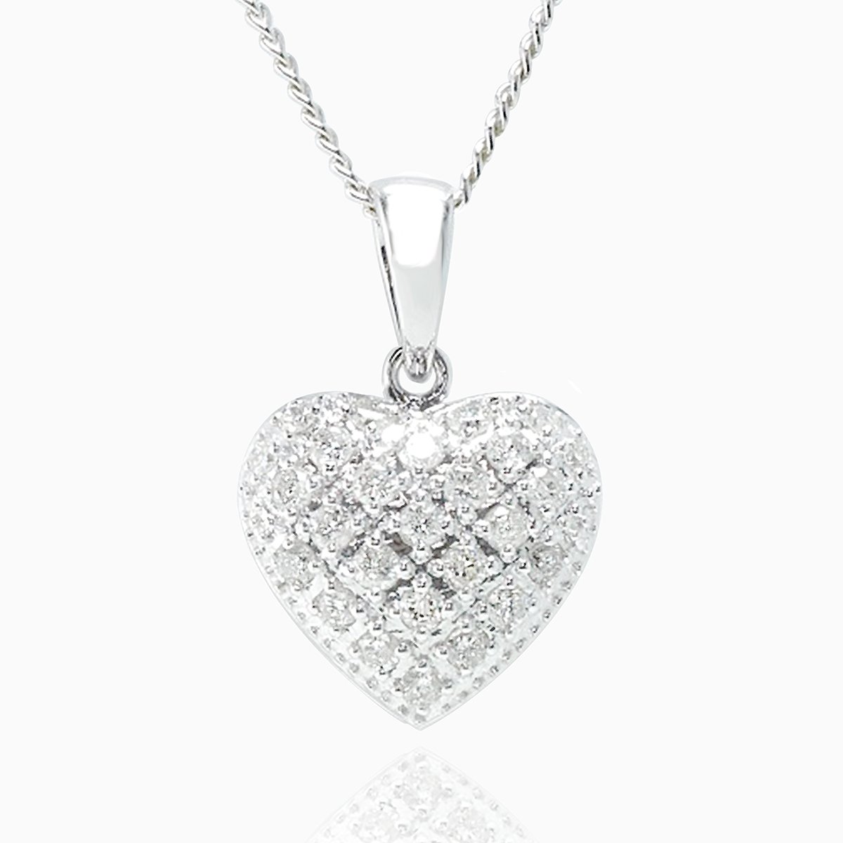 Petite 9 ct white gold heart locket pave set with diamonds on a 9 ct white gold curb chain.