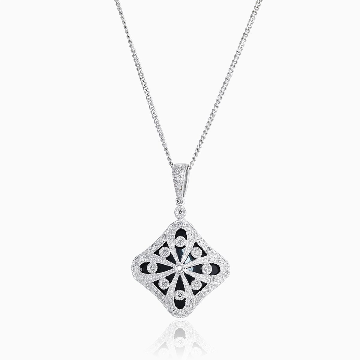 A tipped square 9 ct white gold locket set with diamonds and onyx. The bail is also set with diamonds. On a 9 ct white gold curb chain