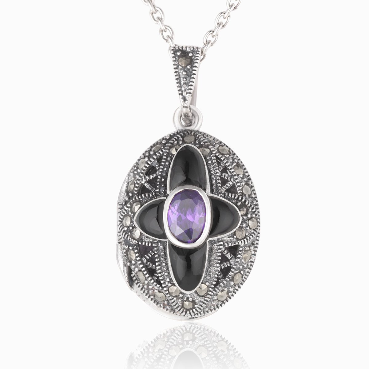 925 sterling silver marcasite oval locket with onyx and amethyst stone