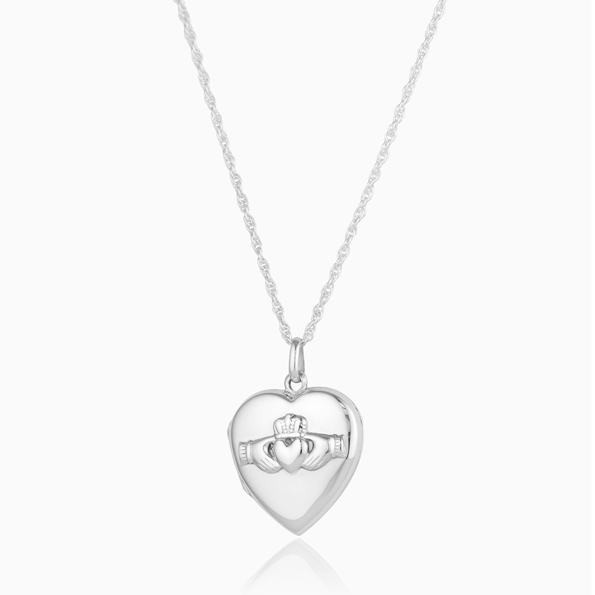 Front shot of a 925 sterling silver heart locket with embossed claddagh.