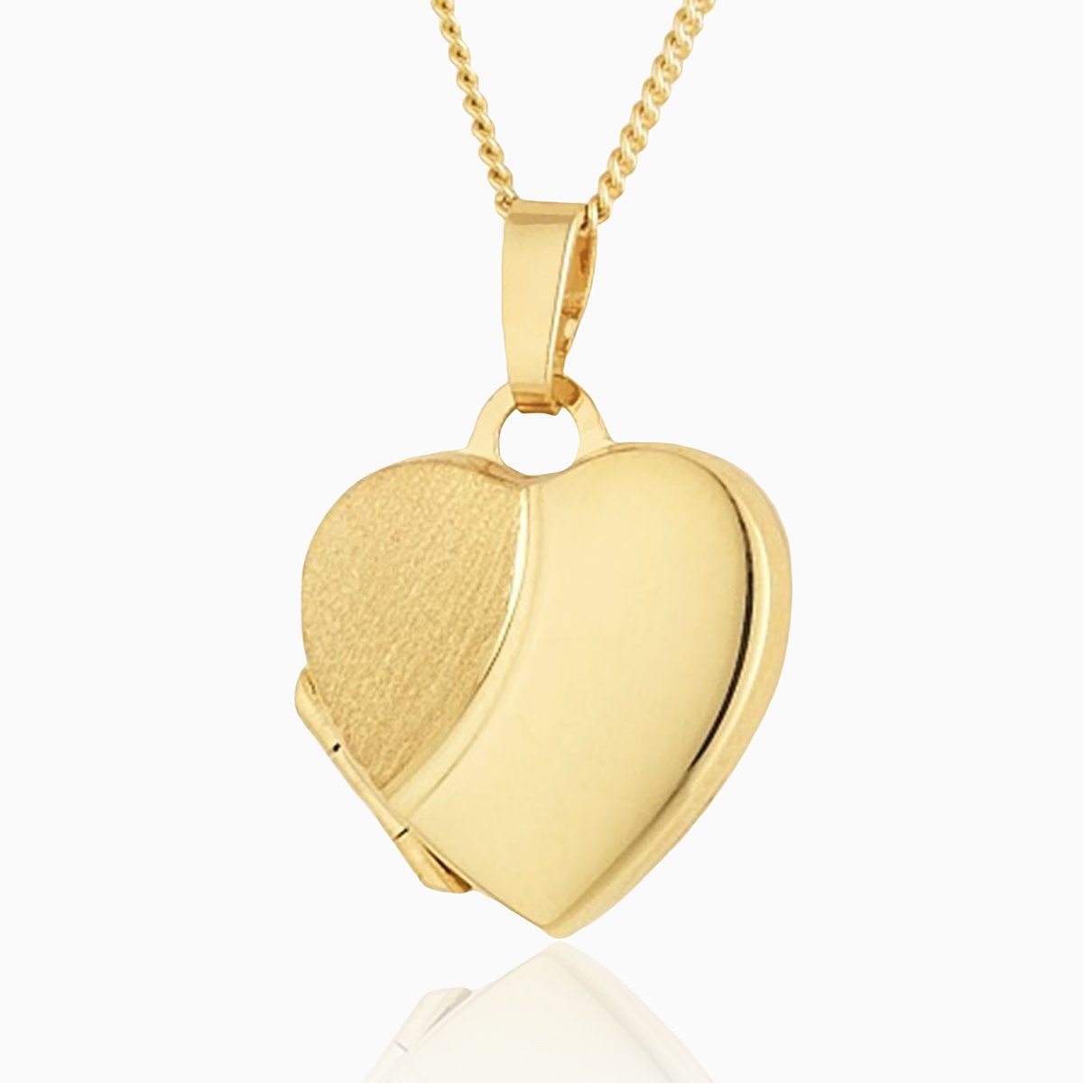 9 ct gold heart locket with a satiin and polished design on the front on a 9 ct gold curb chain