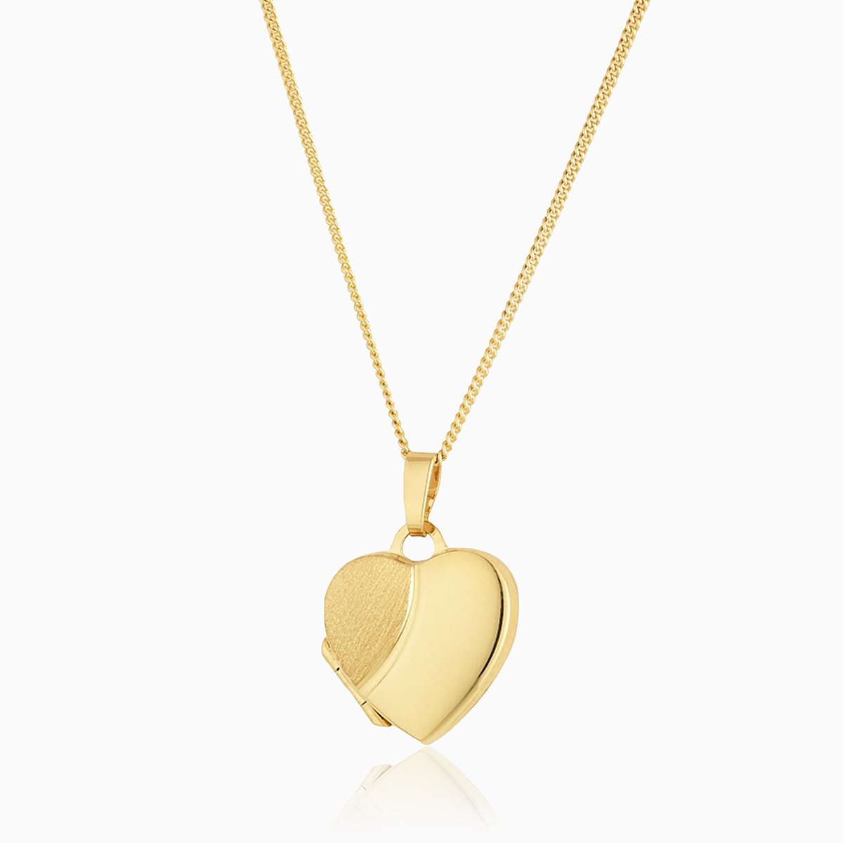 9 ct gold heart locket with a satiin and polished design on the front on a 9 ct gold curb chain
