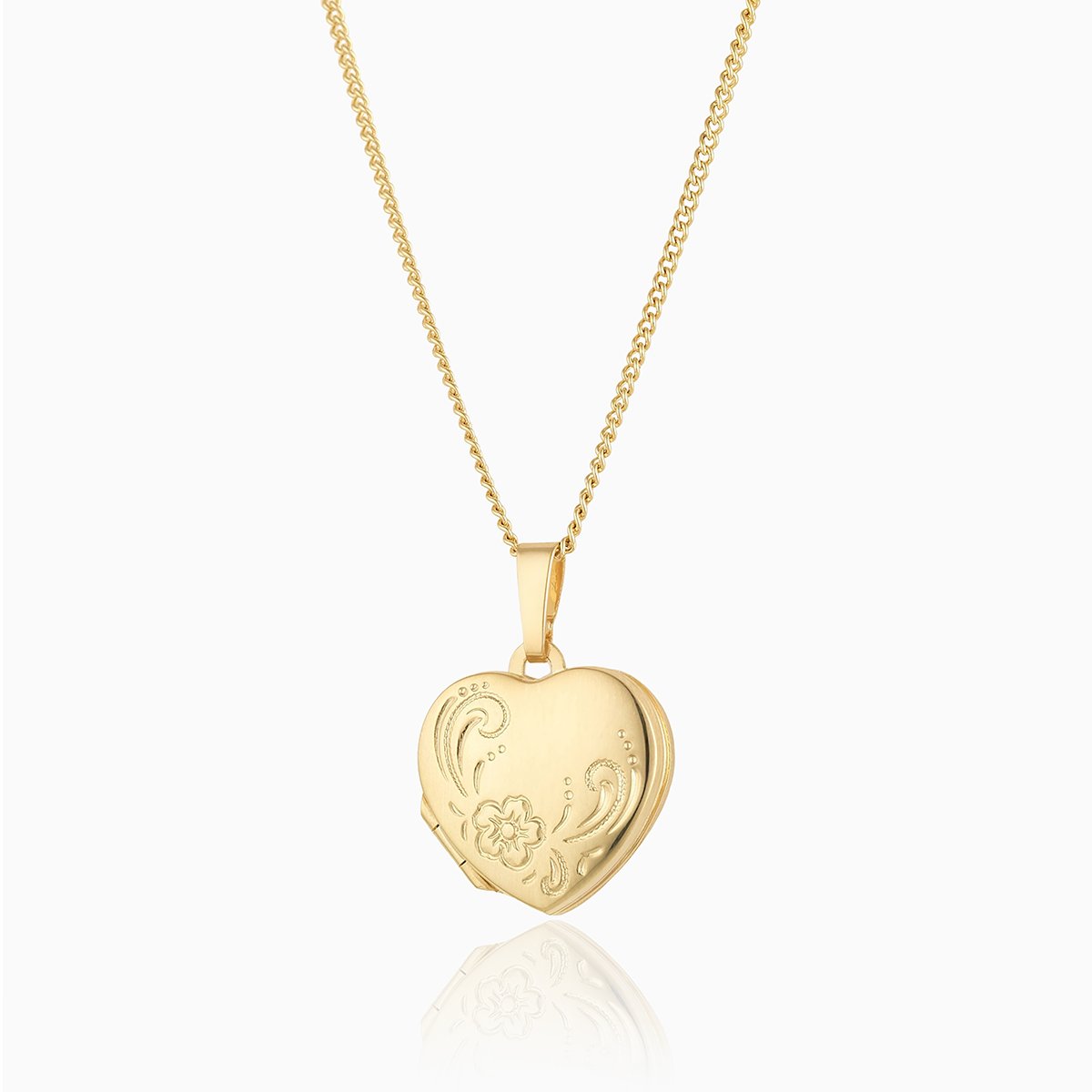 9 ct gold 4-photo heart locket with a floral engraving on a 9 ct gold curb chain