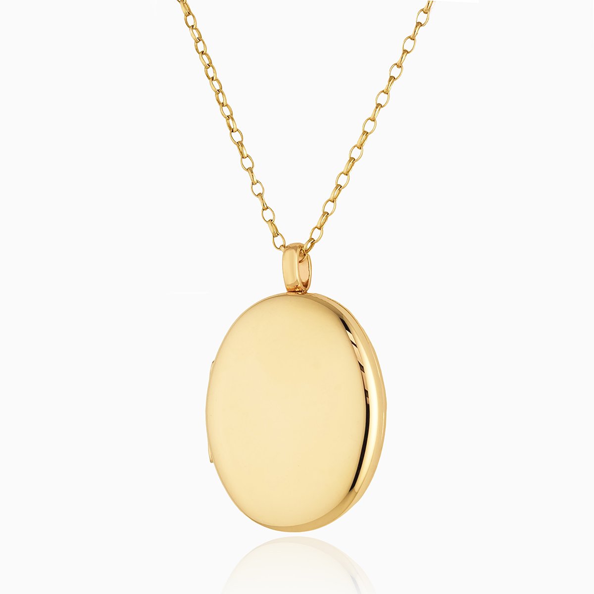 A large oval 9 ct gold 4-photo polished locket on a 9 ct gold belcher chain