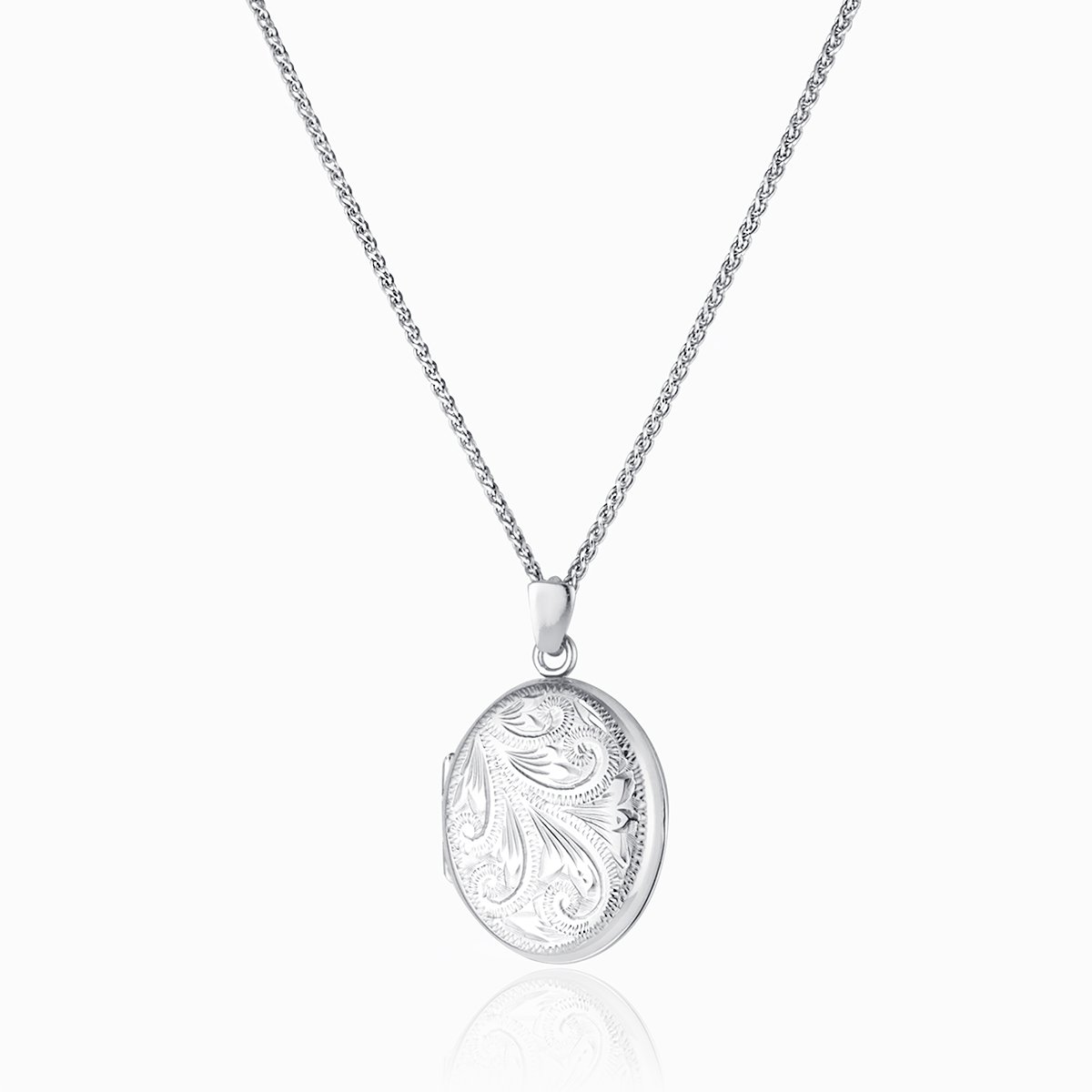 9 ct white gold oval locket engraved with a foliate design on a 9 ct white gold spiga chain