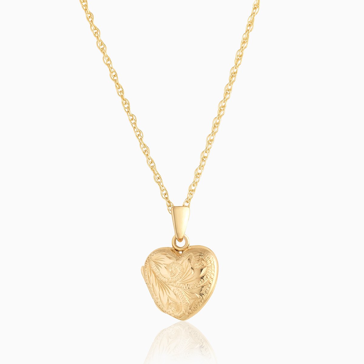 9 ct gold engraved heart locket on a 9 ct gold rope chain.