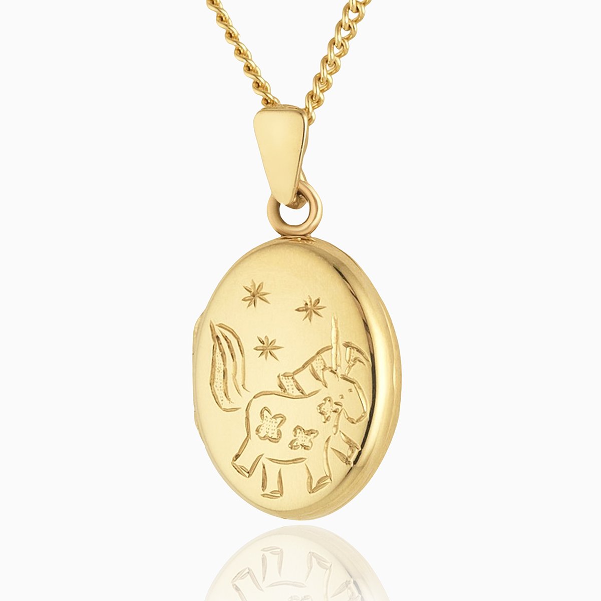 Petite 9 ct gold child's oval locket engraved with a unicorn on a 9 ct gold curb chain