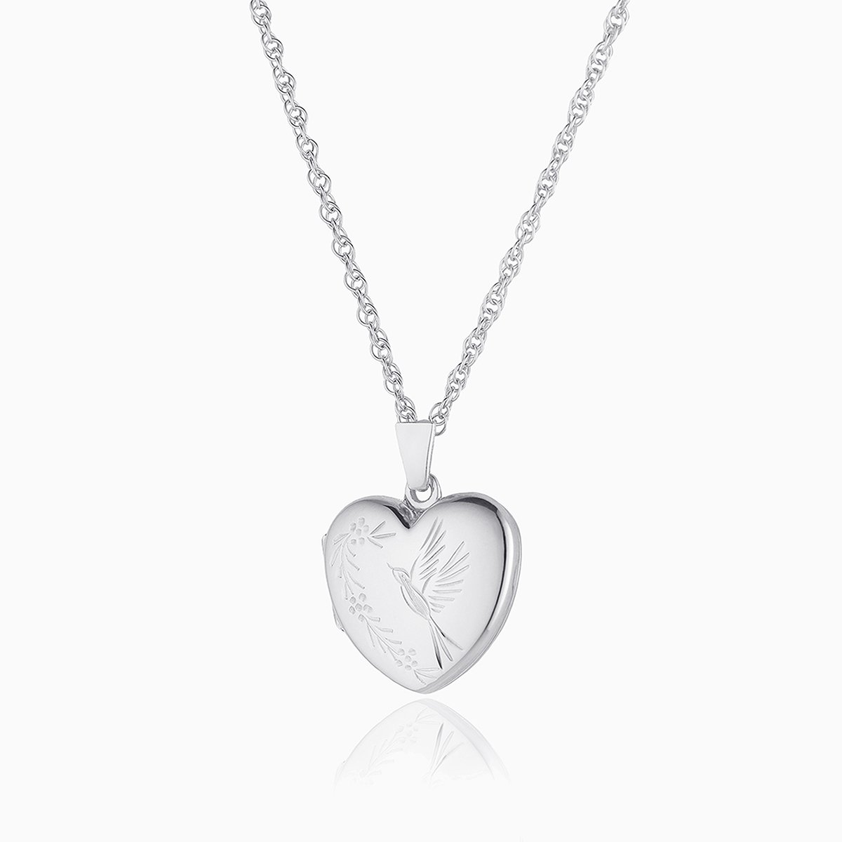 9 ct white gold heart locket engraved with a bird design on a 9 ct white gold chain