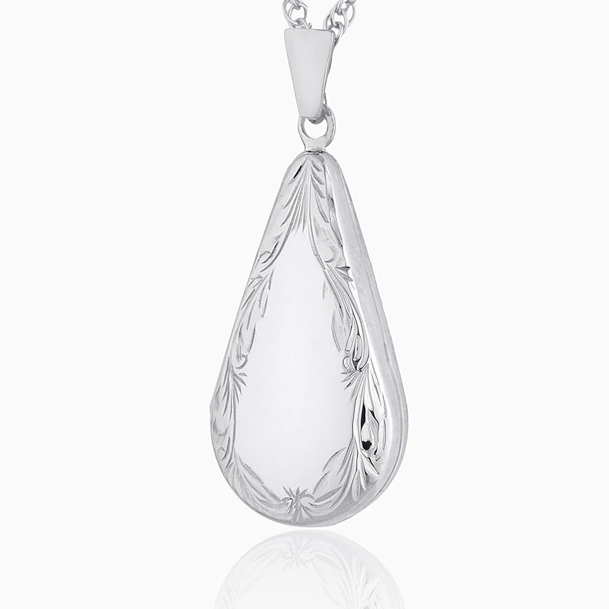 9 ct white gold teardrop shaped locket with an engraved border on a 9 ct white gold chain