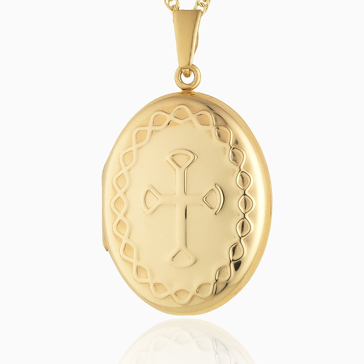 9 ct gold oval locket embossed with a celtic cross and a celtic border on a 9 ct gold rope chain
