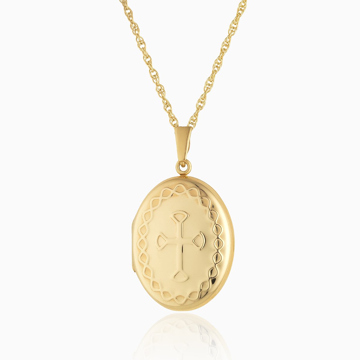 9 ct gold oval locket embossed with a celtic cross and a celtic border on a 9 ct gold rope chain