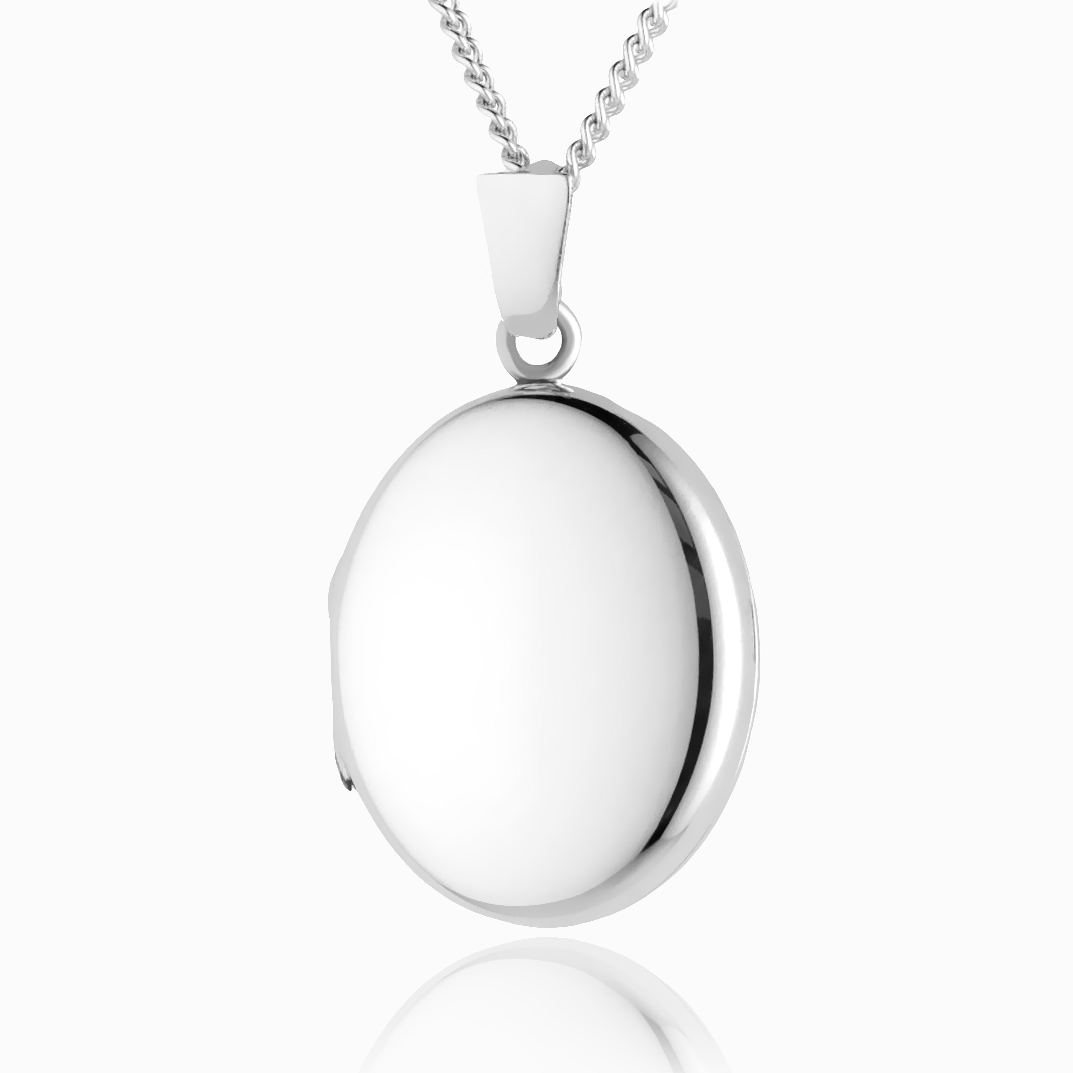 This is the front shot of a 925 sterling silver plain polished oval locket.